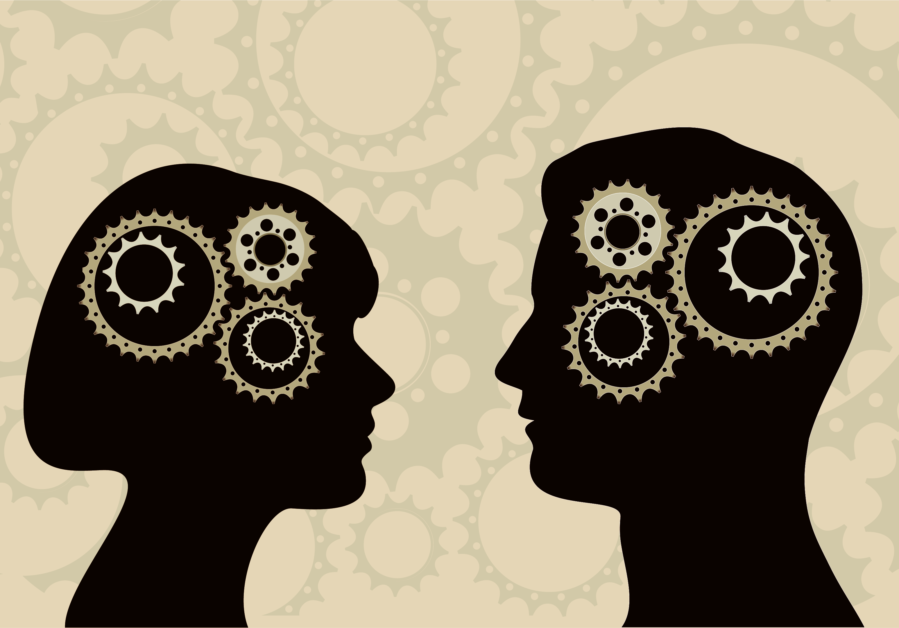 Two silhouetts with gears inside their heads