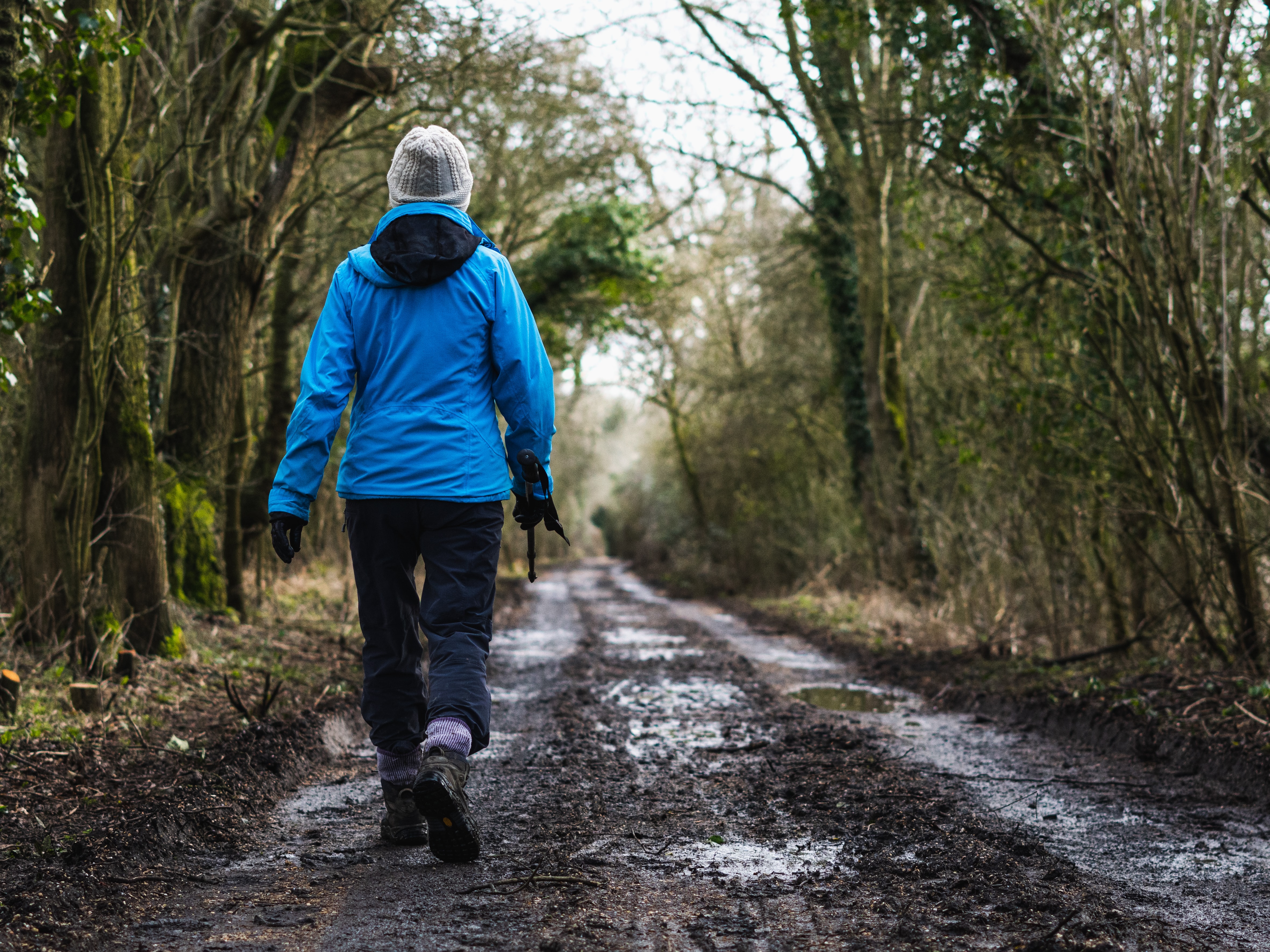 woman hiking down a forest road