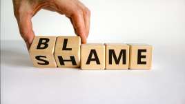 Blocks read "blame" and "shame." This relates to concepts of trauma therapy in Waldo, MO. Our trauma therapist in Waldo, MO offer effective trauma therapy in Kansas City, MO.